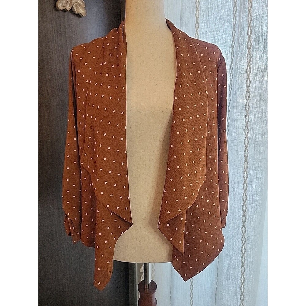 Casual Open Front Blazer‎ Carmel Color White Polka Dot 3/4 Rouse Sleeve Large